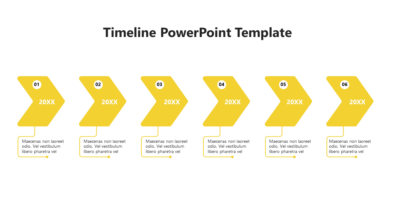 Six step timeline diagram using orange chevron arrows labeled 01 to 06 with year placeholders and description boxes.