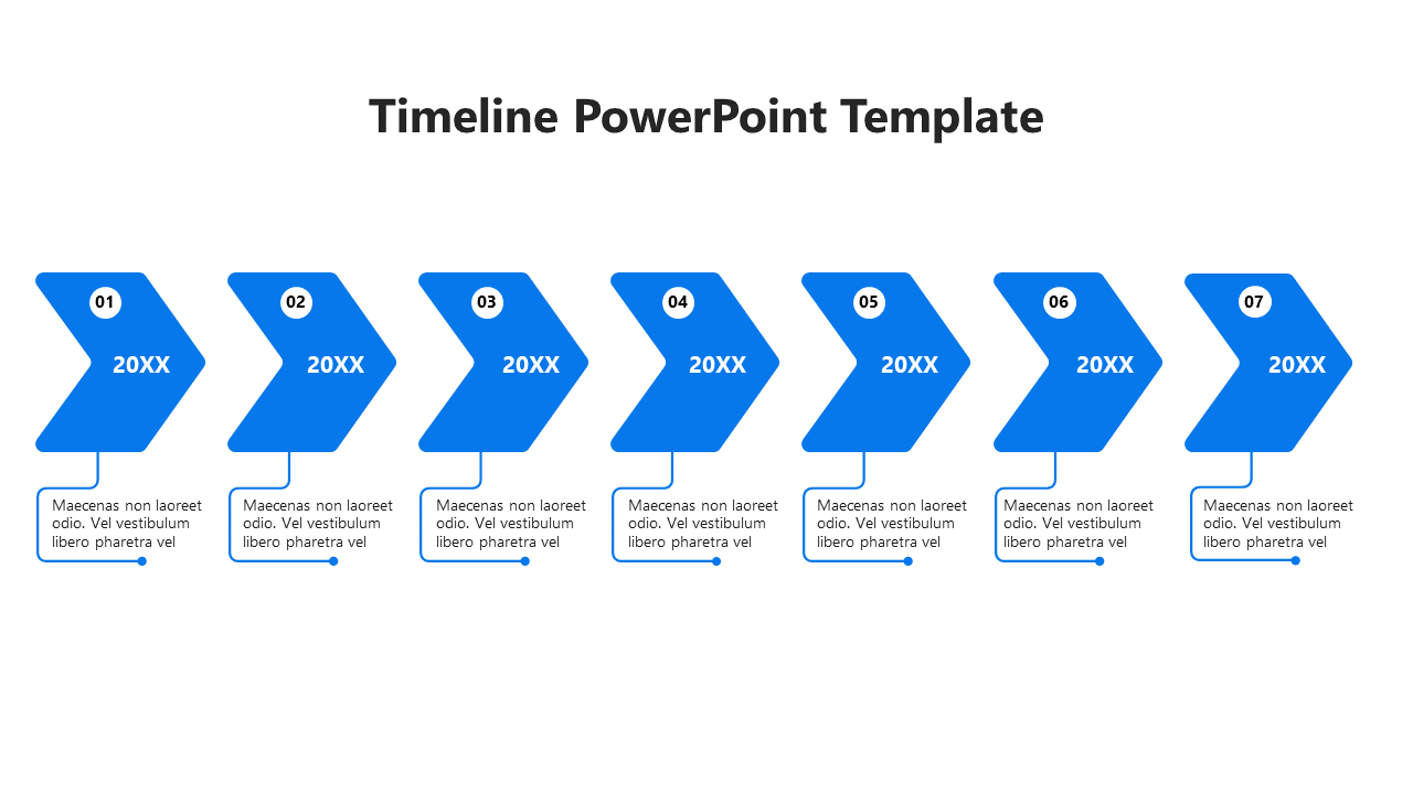 A PPT template showcasing a timeline with numbered blue color arrows from 1 to 7 and placeholder text below each section.