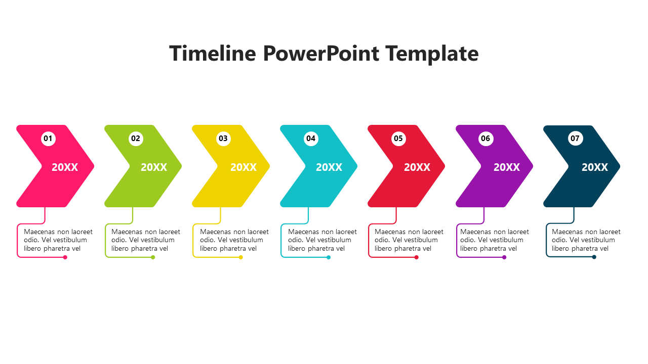Horizontal timeline with seven chevron arrows in pink, green, yellow, blue, red, purple, and navy, each linked to a text box.