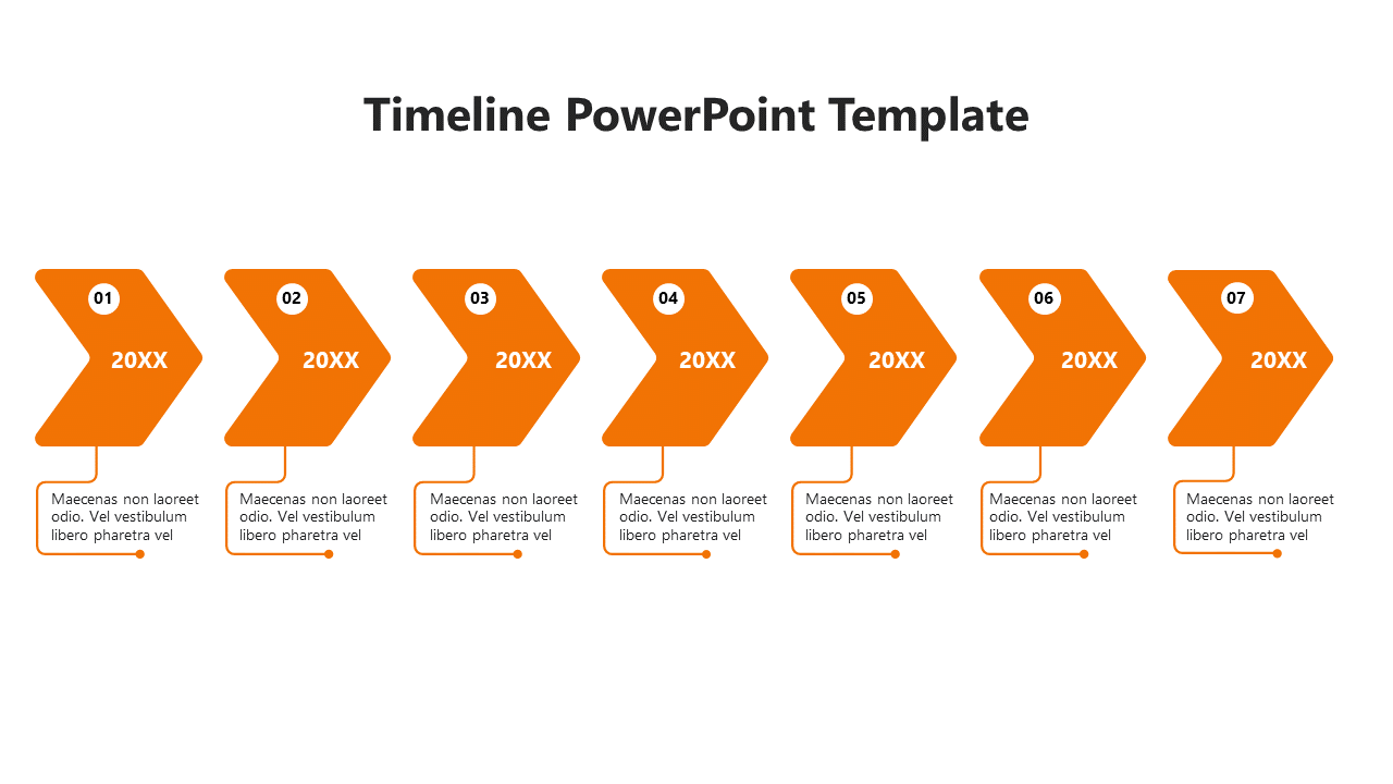 A PPT template showcasing a timeline with numbered orange color arrows from 1 to 7 and placeholder text below each section.
