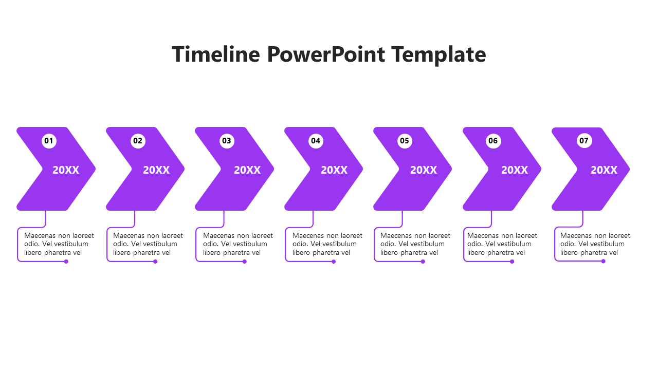 Timeline diagram showing seven gray arrows numbered 01 to 07 with placeholders for text below each step.