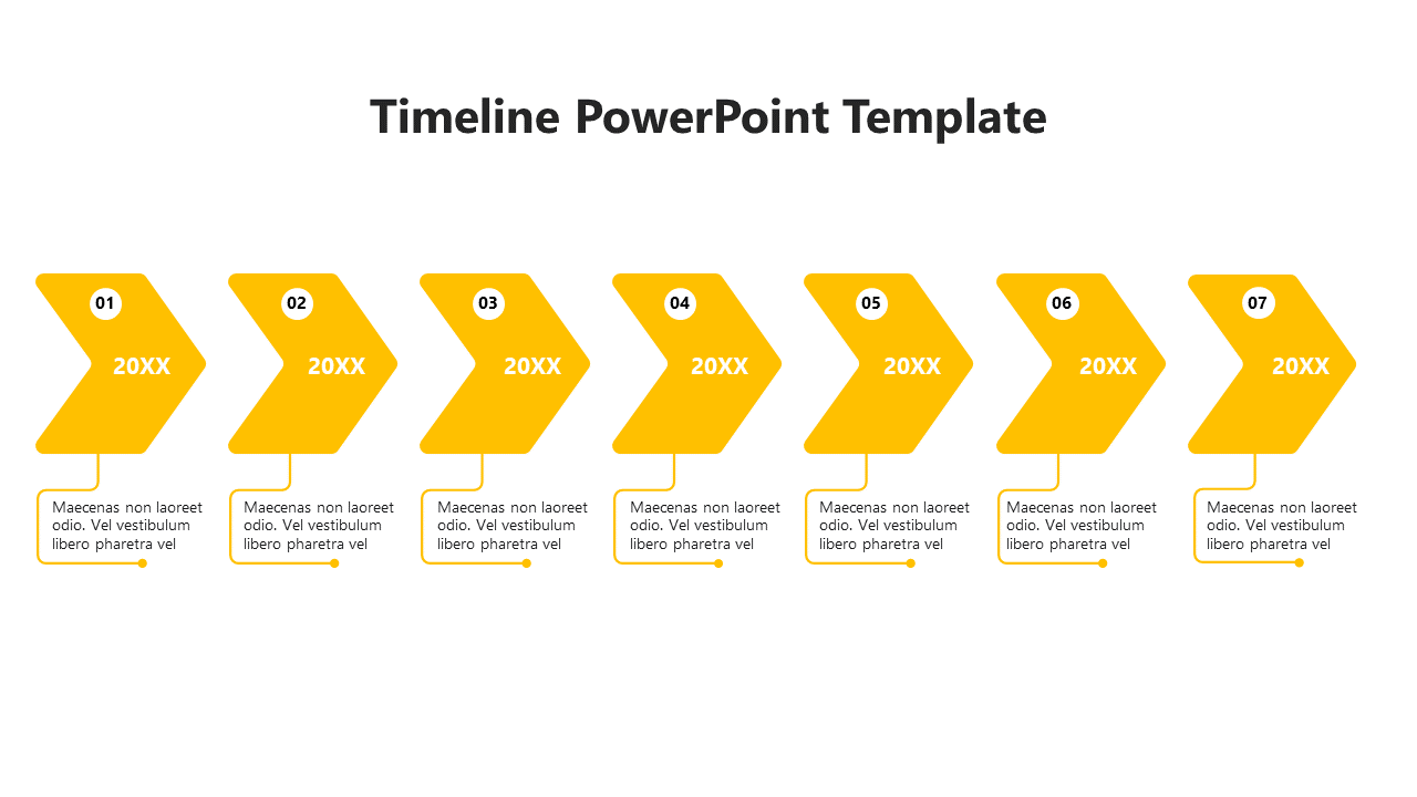 A timeline PowerPoint template with seven yellow arrows, each representing a different year and space for descriptions.