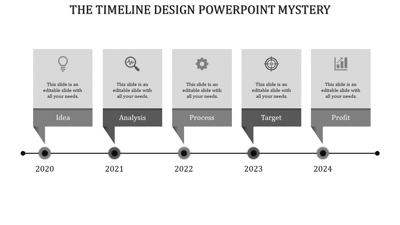 Timeline with arrow shaped boxes for years 2013 to 2020 in blue and gray shades placed in white backdrop.