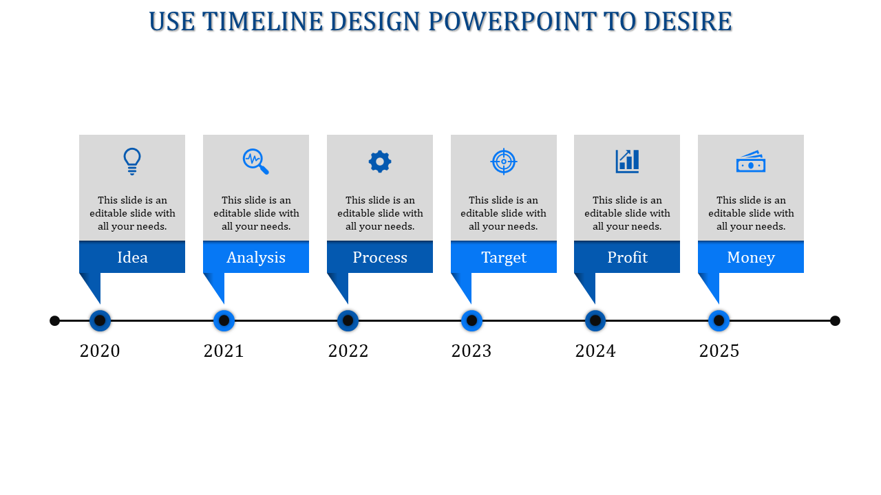 Blue themed timeline flow with six steps, each featuring a different icon, marking stages of a project from 2020 to 2025.