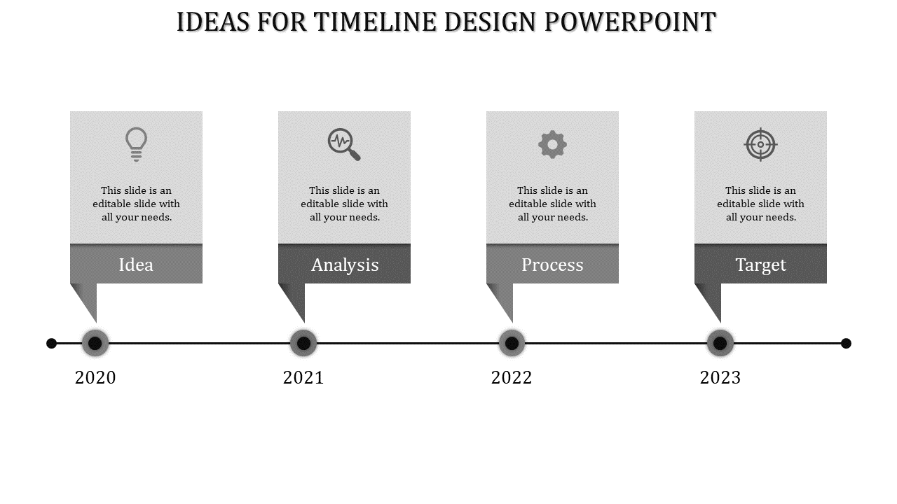 Sequential timeline with  four gray highlighted steps, each marked with a year and icon for various business stages.