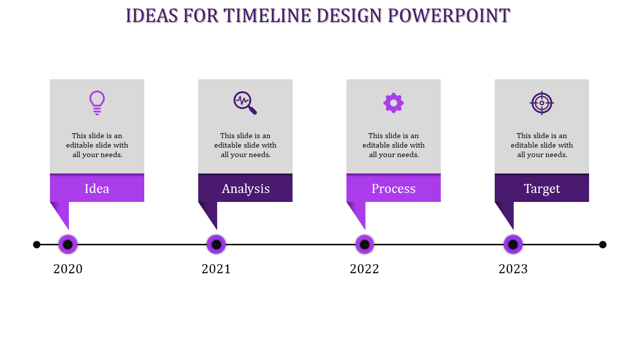 Timeline design with purple accents and gray boxes, detailing four business steps for 2020 to 2023.
