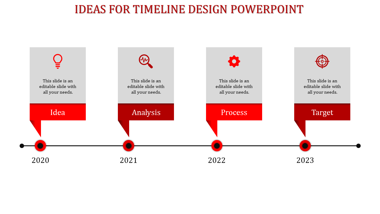 Red themed timeline design PPT slide with steps like Idea, Analysis, Process, and Target with icons and text area.
