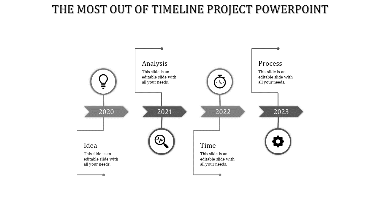 Gray timeline featuring four arrows, each with an icon, displaying business stages in 2020 to 2023 with labeled years.