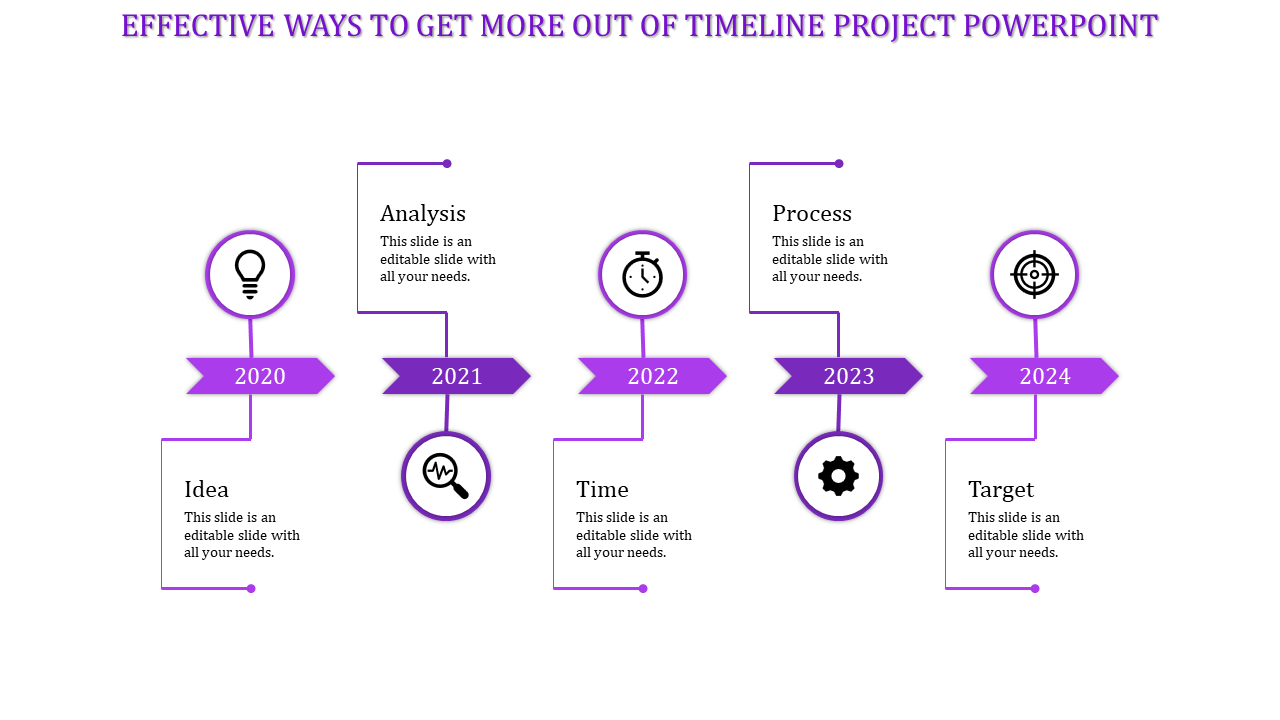 Horizontal grayscale timeline showing milestones for Idea, Analysis, Time, Process, and Target from 2020 to 2024.