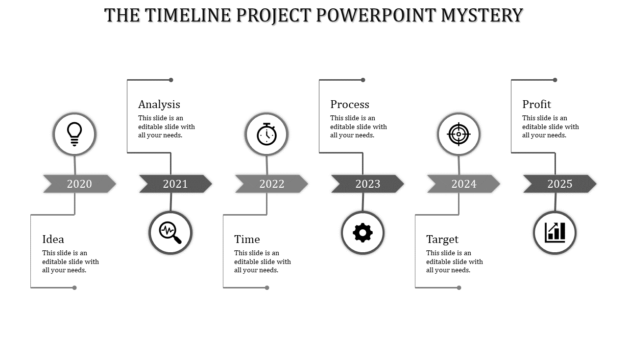 Timeline with purple arrows and circular icons for stages: Idea, Analysis, Time, Process, Target linked to corresponding years.