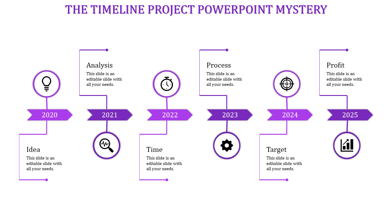 Minimalist grey timeline with icons, caption areas and labels for six stages progressing from 2020 to 2025.