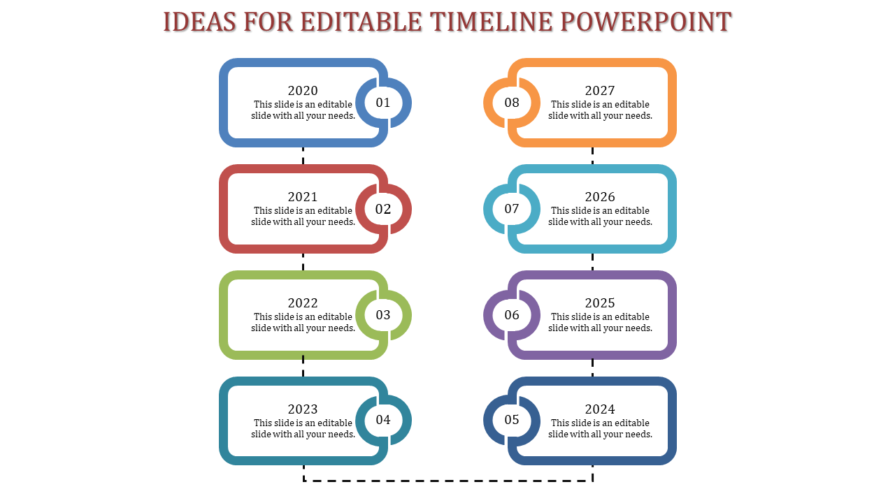 A timeline PPT slide with milestones from 2020 to 2027, each represented by a colored rectangular box and numbers.