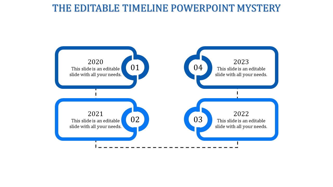 Blue timeline infographic featuring four rectangular labels with rounded edges, and a sequential flow from 2020 to 2023.