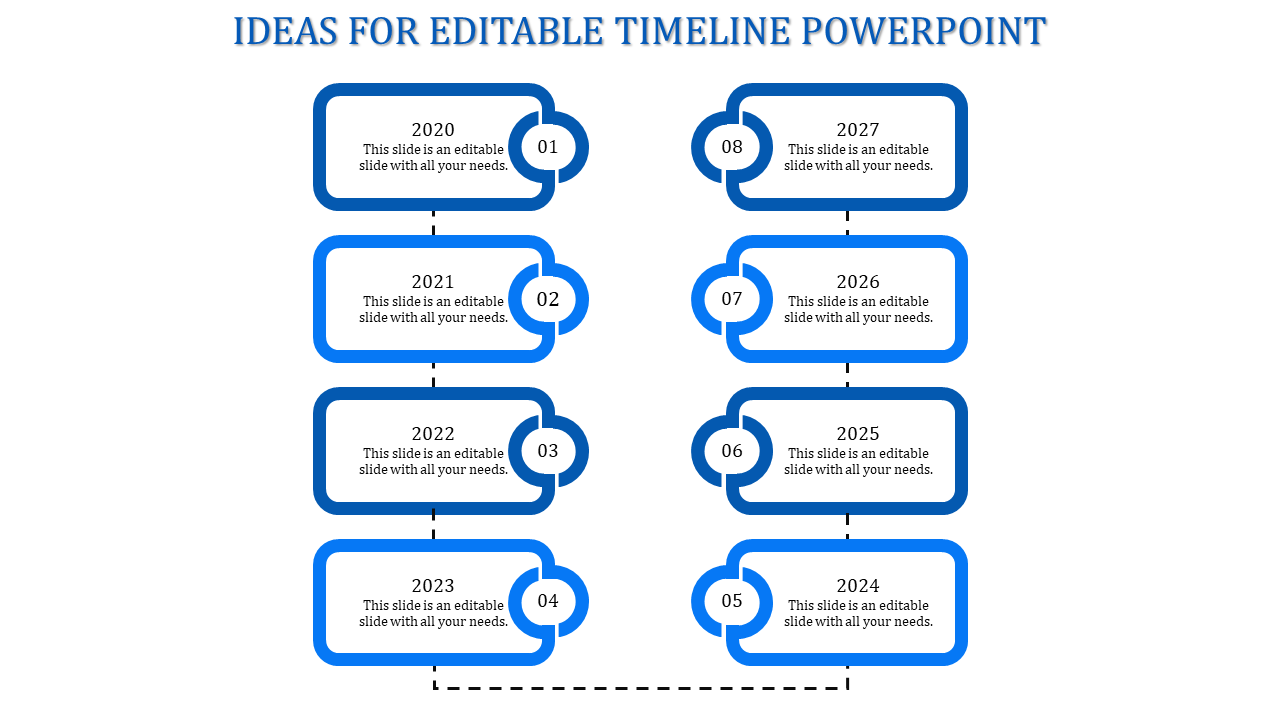 Curved gray timeline from 2012 to 2019 with circular icons for each year on a gray world map background.