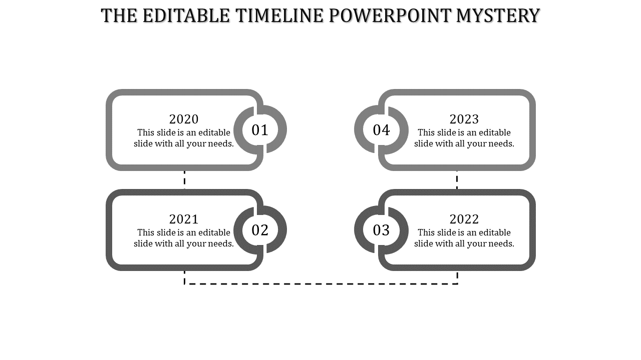A simple timeline PPT slide displaying milestones from 2020 to 2023, with gray numbered boxes and dashed connecting lines.