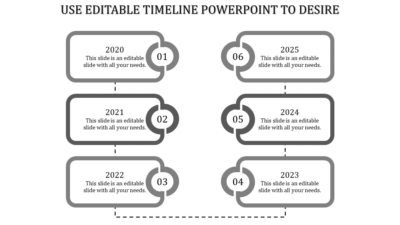 A clean timeline PPT slide featuring six years 2020 to 2025, each marked by a rectangular box and connected by dotted lines.