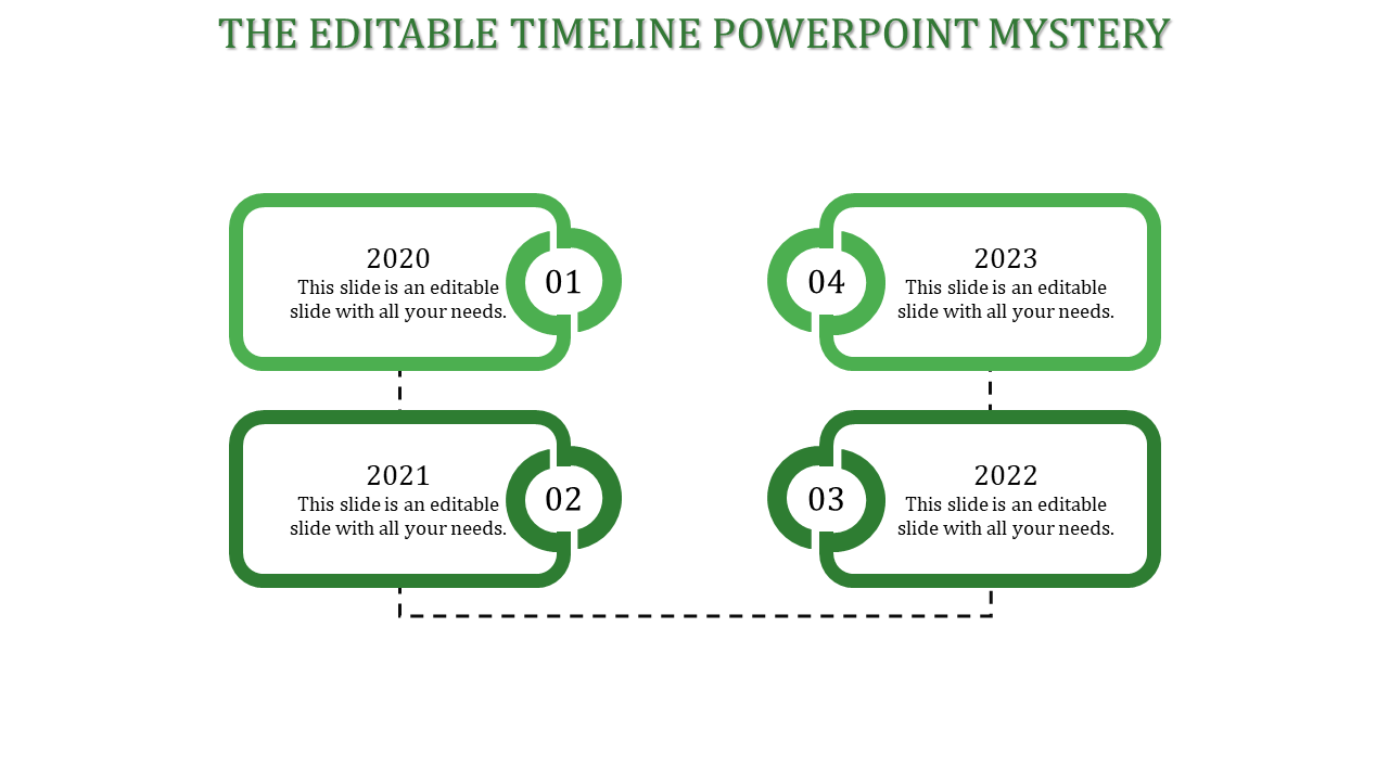 Four rectangular boxes timeline with circular connectors, color-coded as blue, red, teal, and orange for 2020 to 2023.