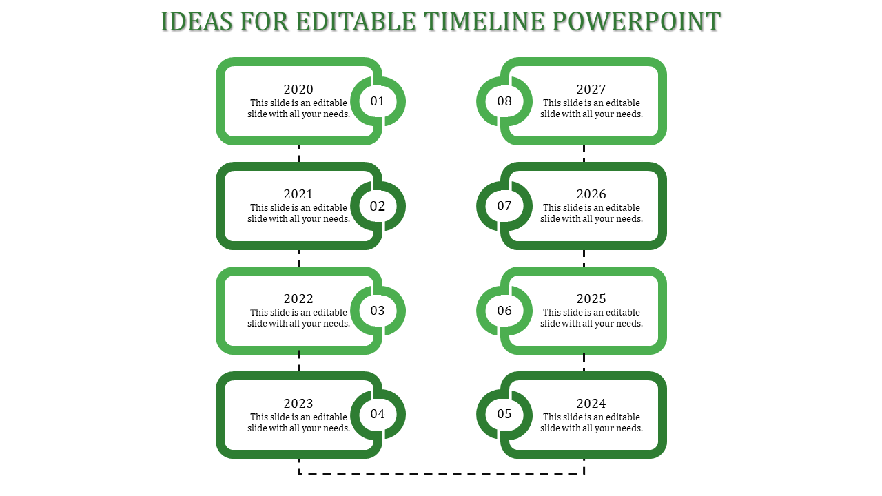 Green bordered timeline slide displaying years 2020 to 2027 in a structured format with placeholder text.