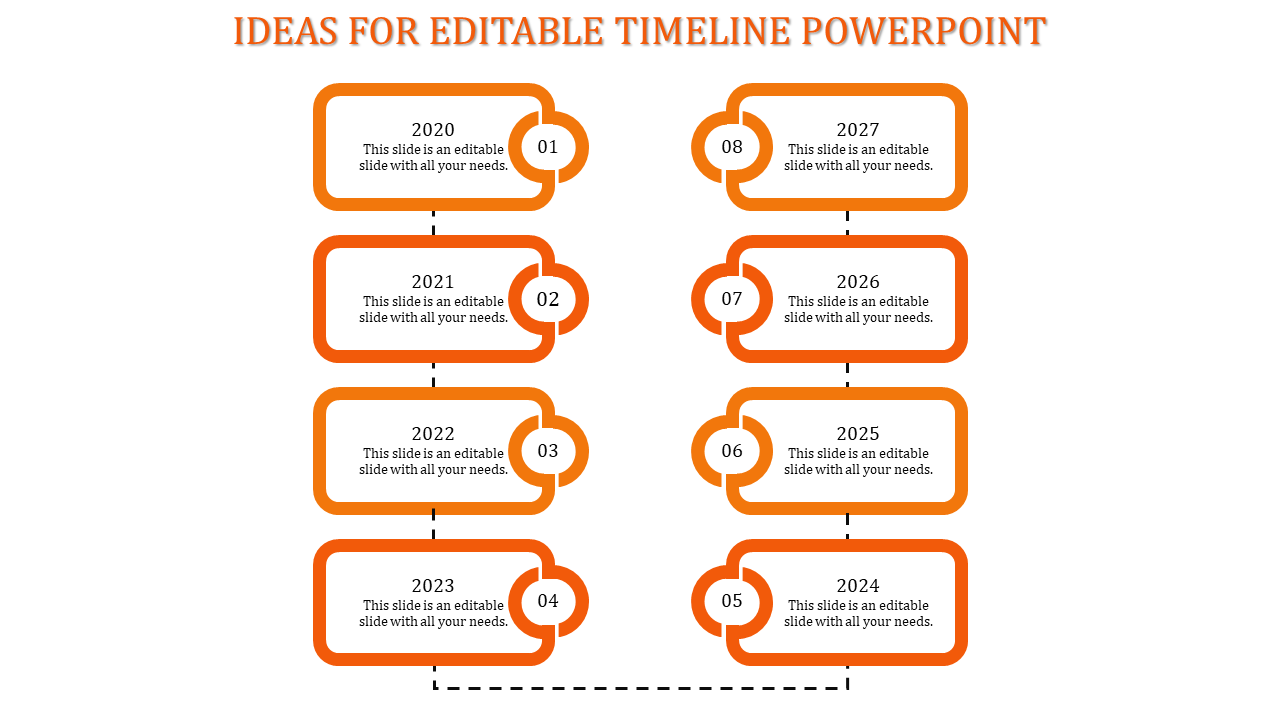 A timeline PPT slide with milestones from 2020 to 2027, represented by orange colored boxes with numbers and dotted lines.