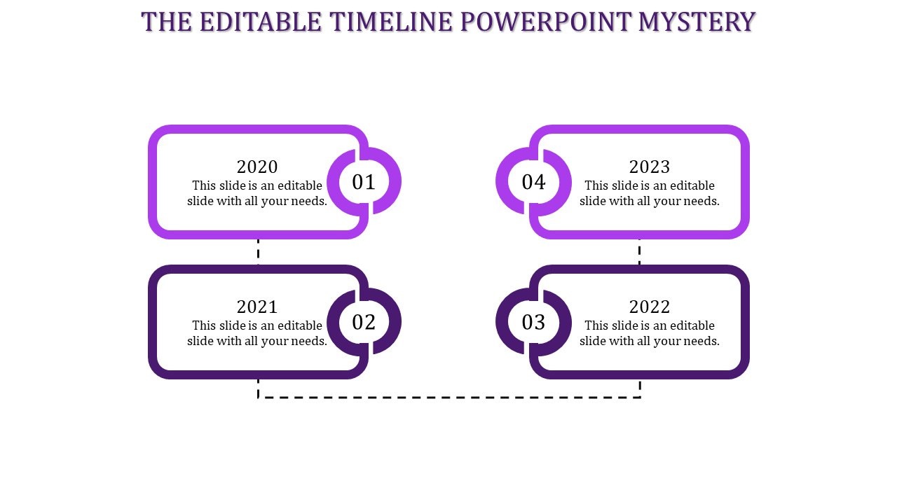 A simple timeline PPT slide displaying milestones from 2020 to 2023, with purple numbered boxes and dashed connecting lines.