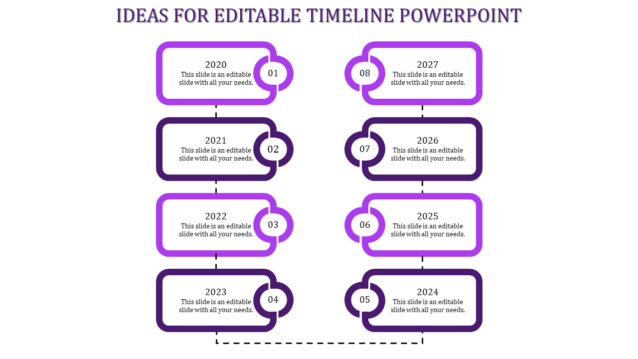 Vertical timeline featuring blue rectangular boxes labeled 2020 to 2027 with matching numbered circles.