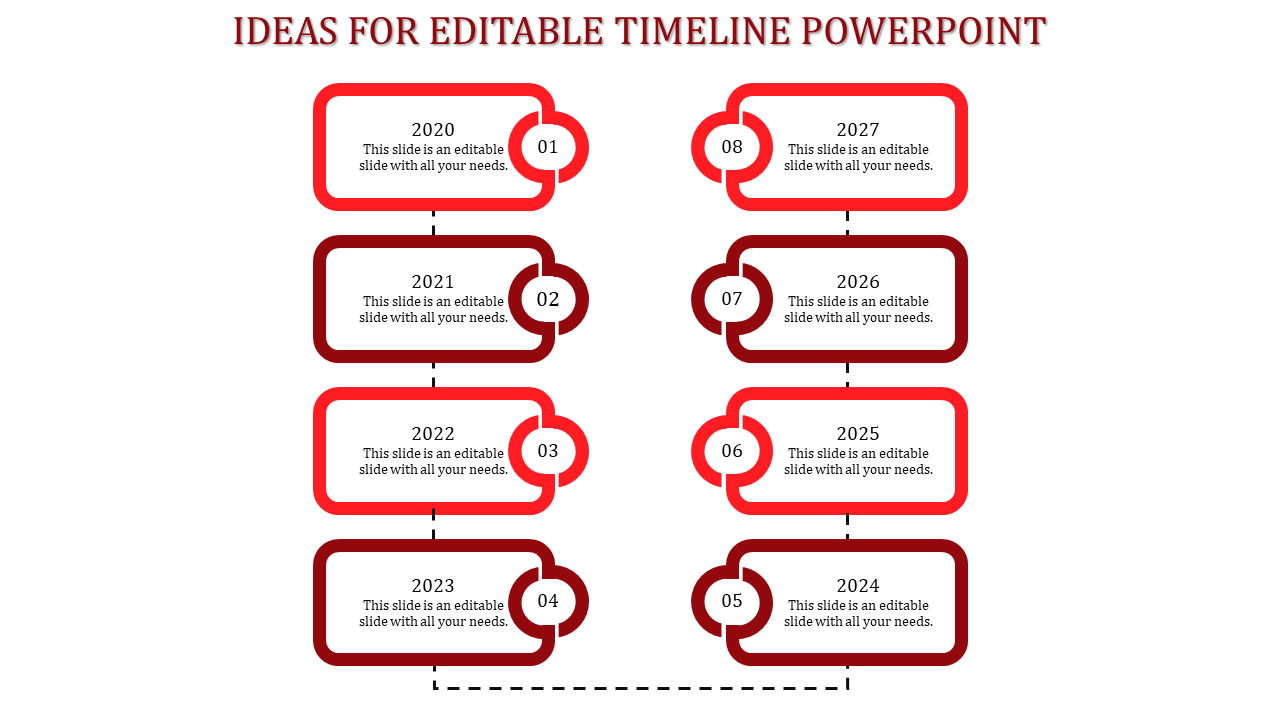 Red themed timeline with eight rounded rectangular boxes, featuring numbered circles and a dashed connecting line.