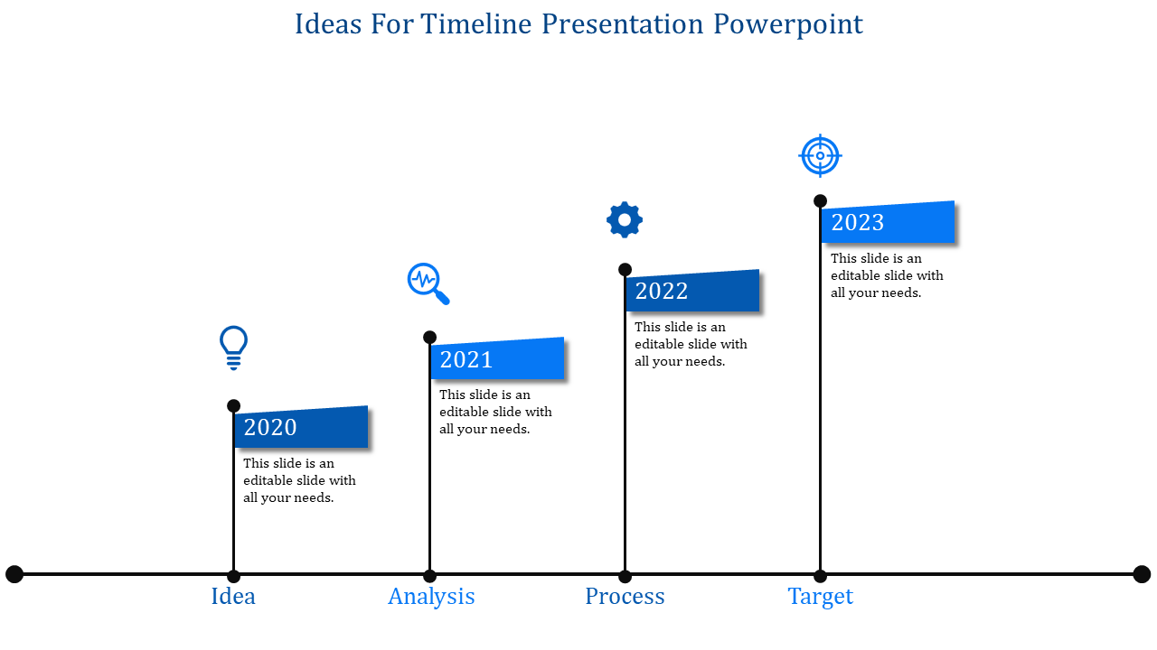 A timeline template featuring five steps with corresponding years from 2020 to 2023 and blue colored icons for each stage.