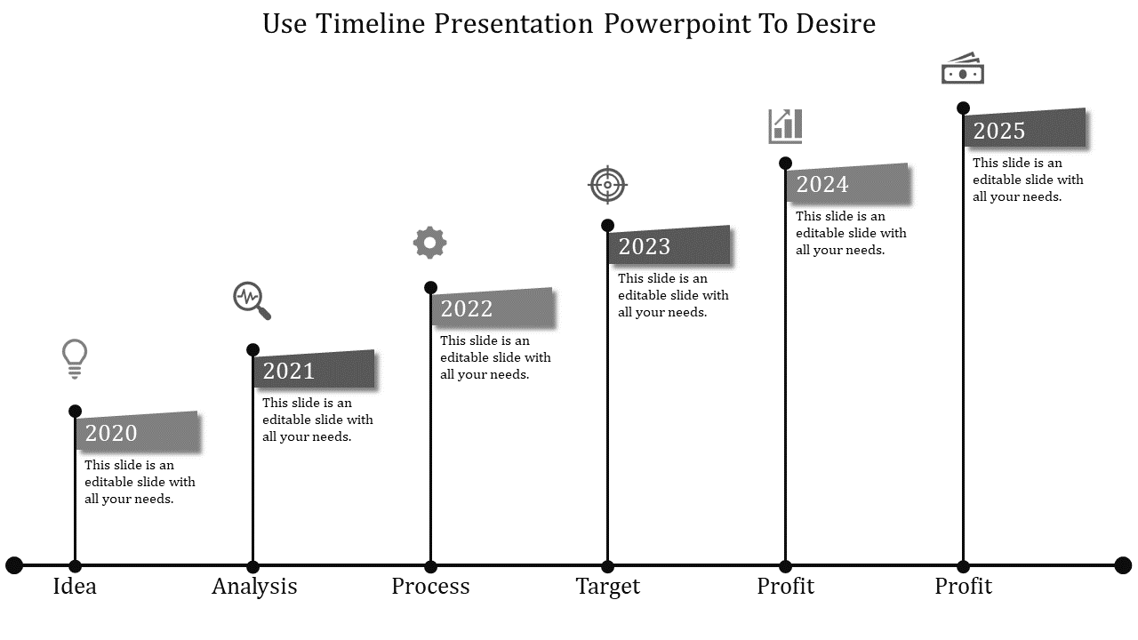 Timeline slide with six gray flag markers, featuring milestone years from 2020 to 2025 and connected vertical lines.