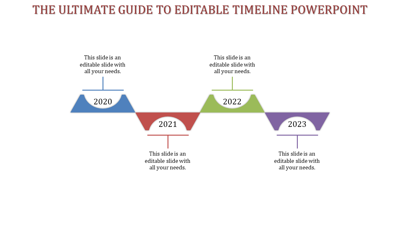 Minimalist timeline infographic with alternating up and down colored shapes marking milestones from 2020 to 2023.