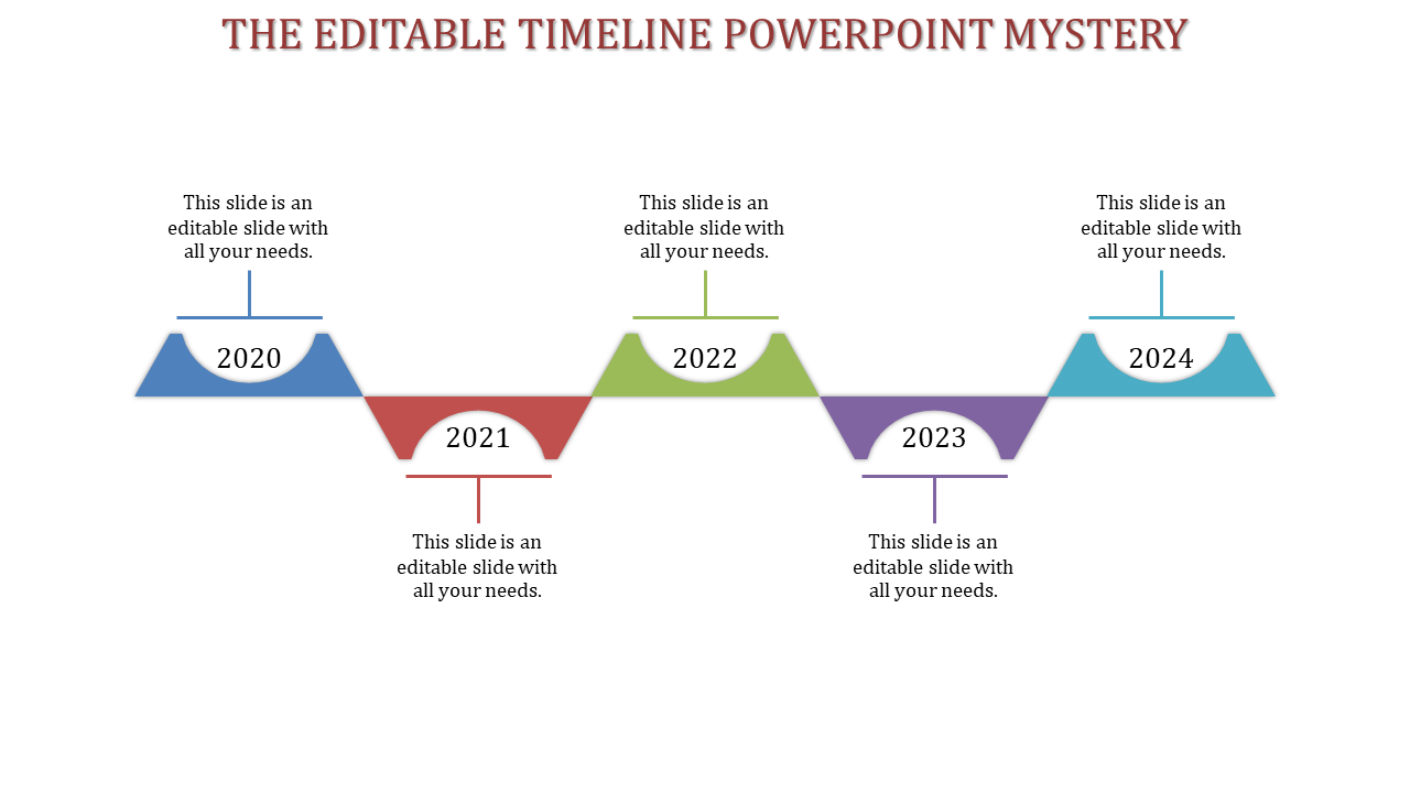 Wavy timeline infographic with a mix of triangular and curved sections, arranged in a zigzag pattern from 2020 to 2024.