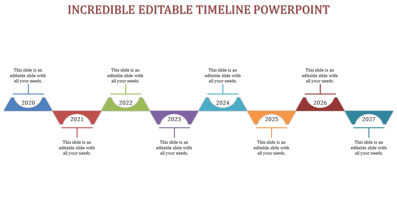 Colorful timeline infographic with triangular segments marking milestones from 2020 to 2027, each labeled with a year.