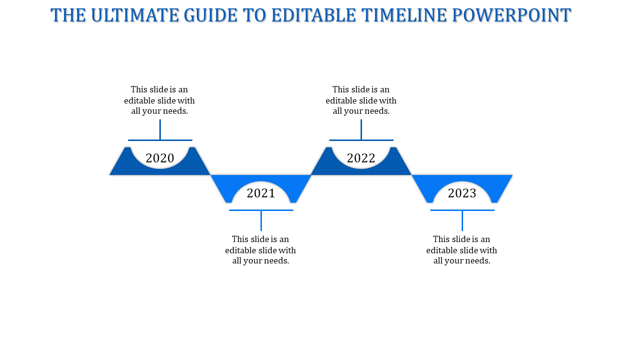 Timeline slide with four blue triangular segments, featuring alternating year labels,and text boxes above and below.