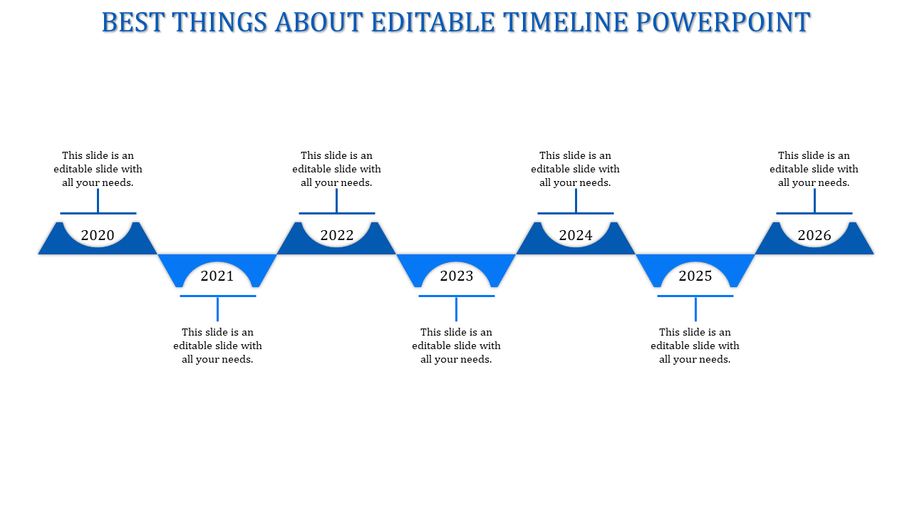 Zigzag shaped timeline template in blue with labeled years from 2020 to 2026 and placeholder text.