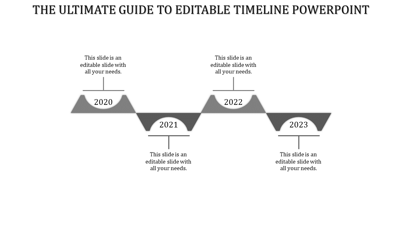 Timeline PowerPoint slide with grey triangular markers from 2020 to 2023, each year labeled and connected by lines.