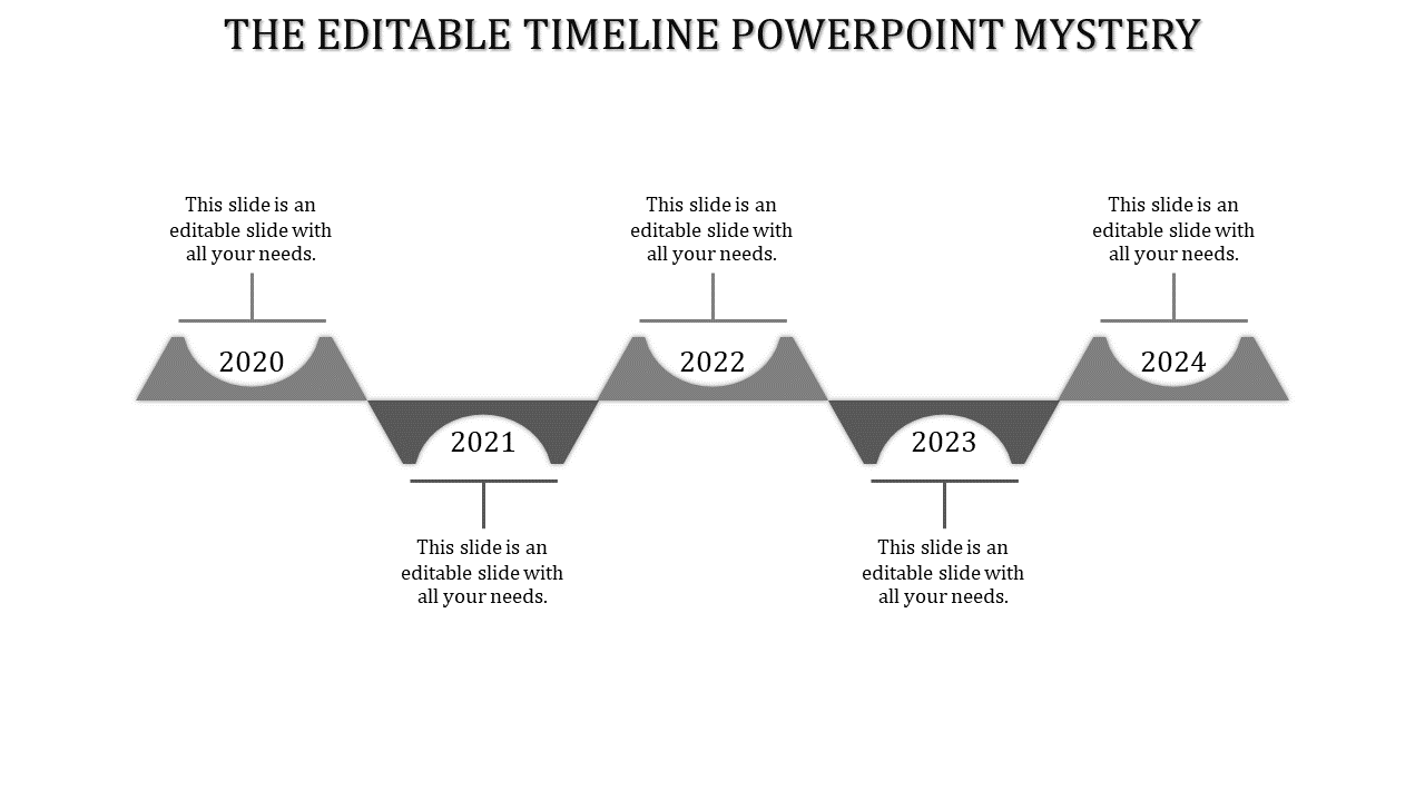 Timeline PPT slide showing years 2020 to 2024 with grey triangle shaped milestones for each year with placeholder text.