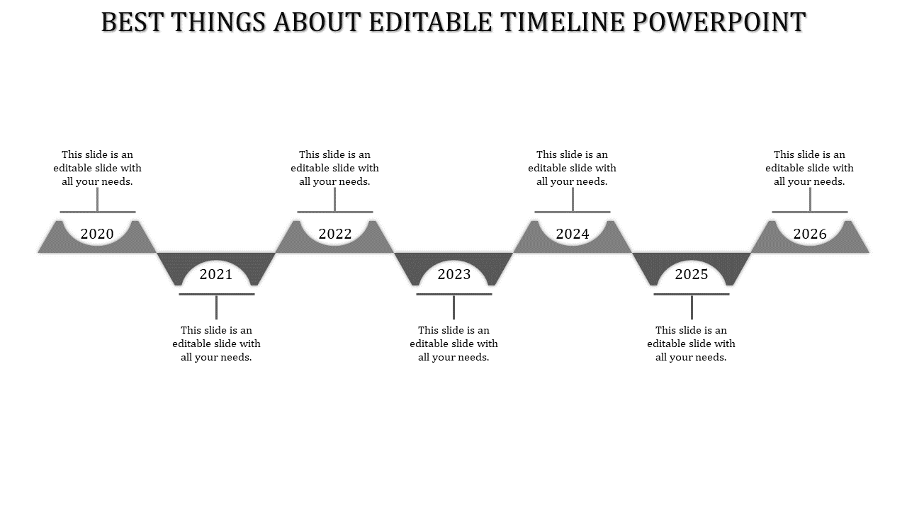 Timeline PowerPoint slide featuring seven years from 2020 to 2026 with labels and sections in a grey zigzag pattern.