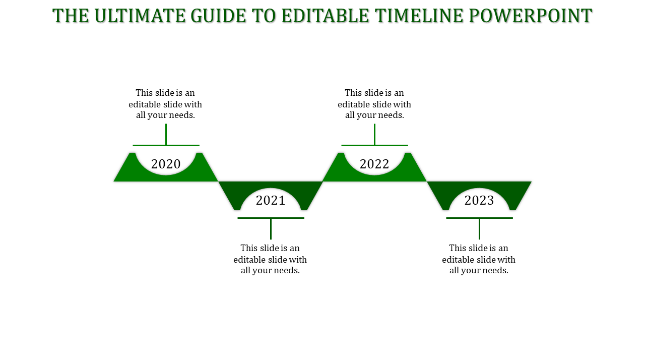 Modern timeline with green trapezoidal and semicircle markers, structured in a wave-like pattern from 2020 to 2023.