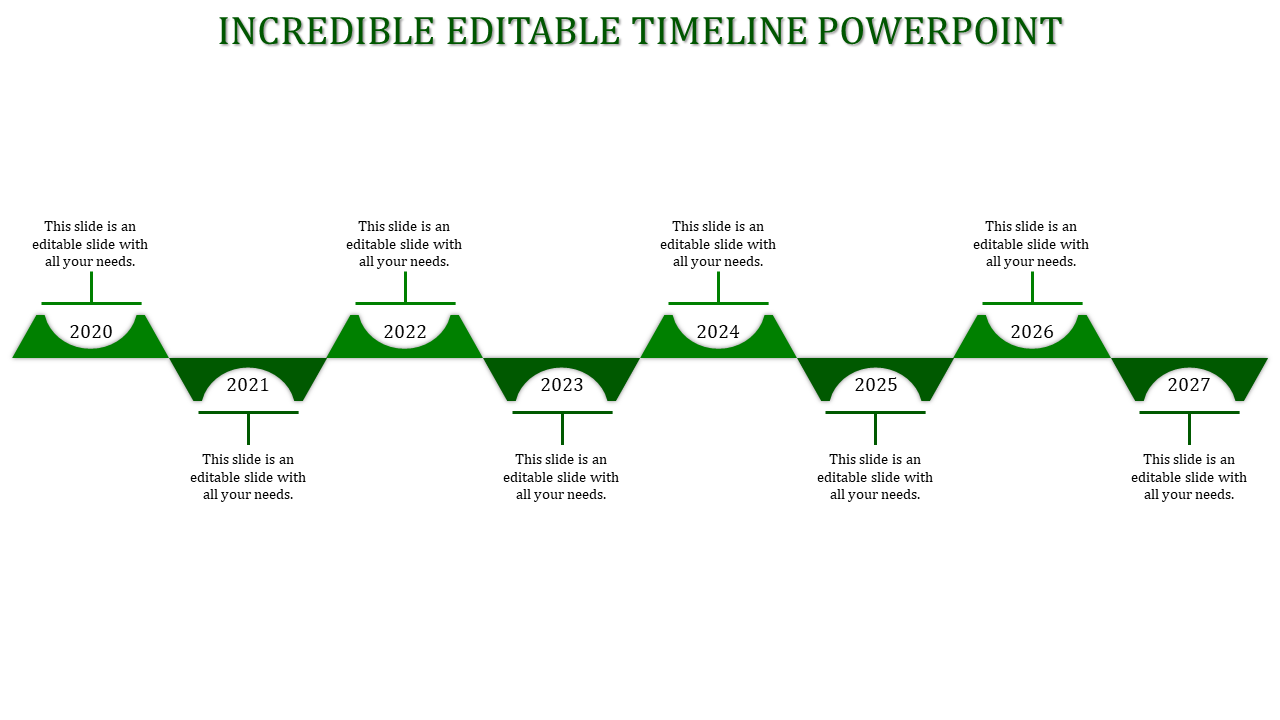 Timeline slide with years 2020 to 2027, featuring green triangular markers and a horizontal line with placeholder text.