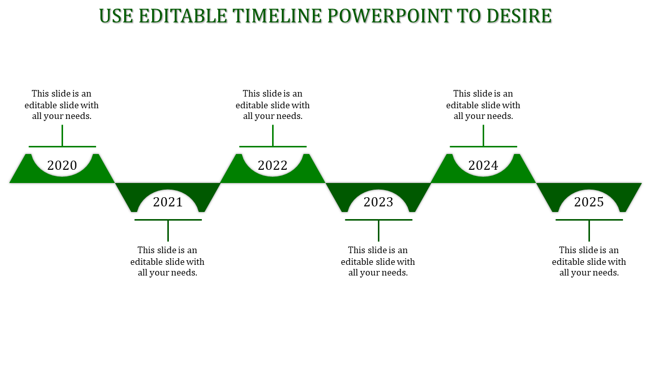 Timeline PPT with green triangular markers for the years 2020 to 2025, connected by a horizontal line with placeholder text.