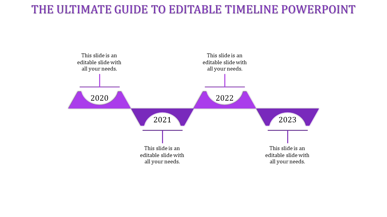 Timeline PowerPoint slide with purple triangular markers from 2020 to 2023, each year labeled and connected by lines.