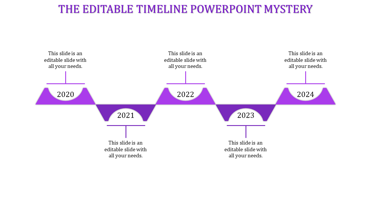 Timeline PowerPoint with purple triangular markers for 2020 to 2024, each year labeled with a corresponding caption.