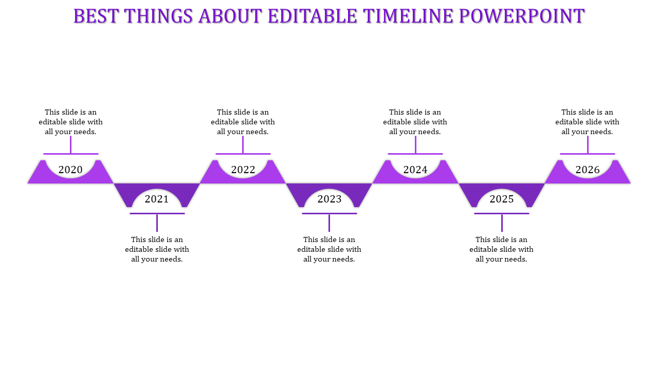 Timeline PowerPoint slide featuring seven years from 2020 to 2026 with labels and sections in a purple zigzag pattern.