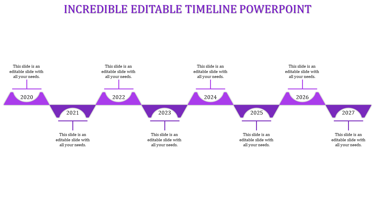Purple themed timeline with alternating triangular shapes representing yearly milestones from 2020 to 2027.