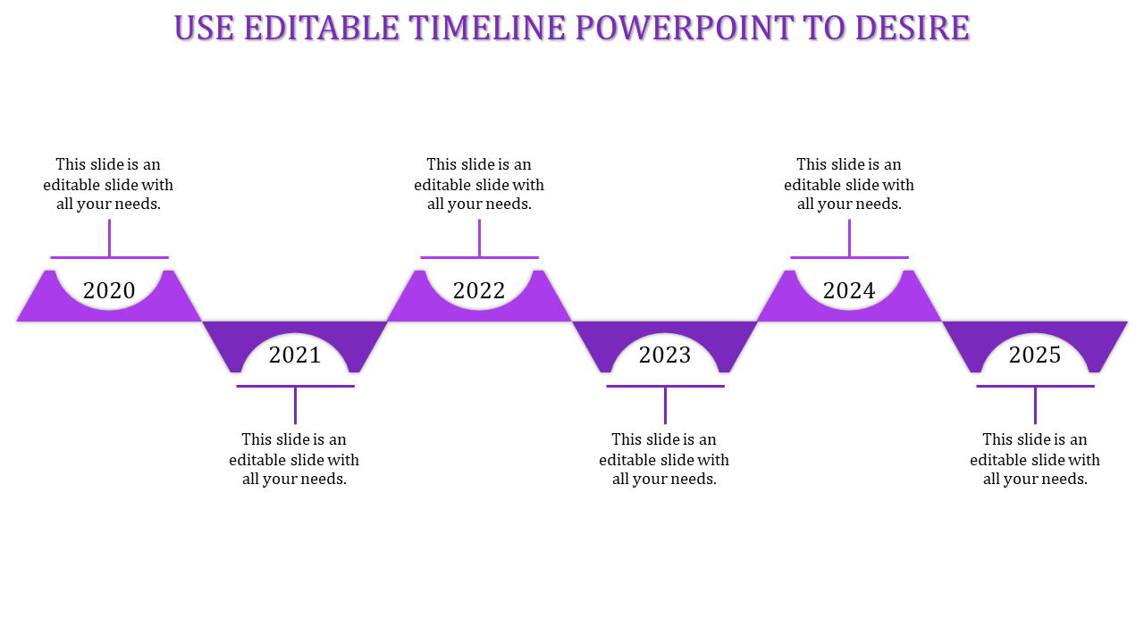 Timeline slide featuring a wave like purple path with alternating six milestone markers and text areas.