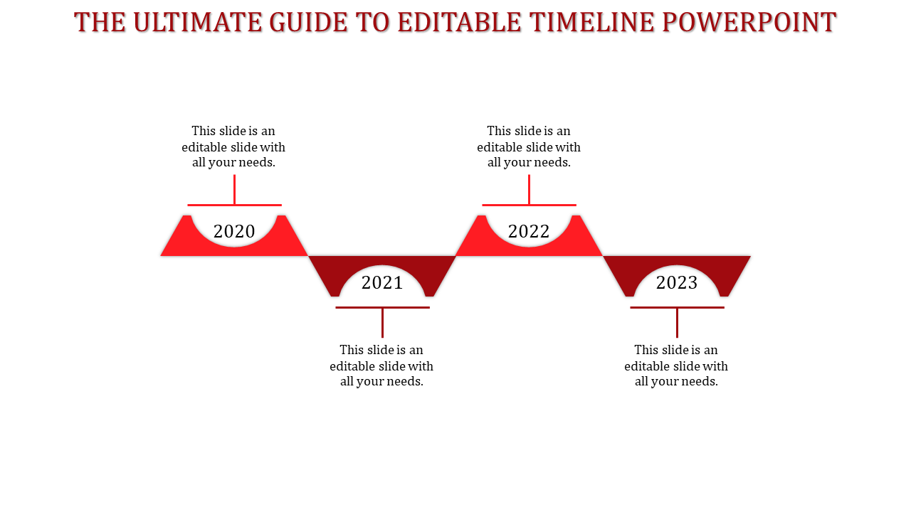 Red zigzag timeline with triangular and semicircle markers for years 2020 to 2023, connected by a horizontal bar.