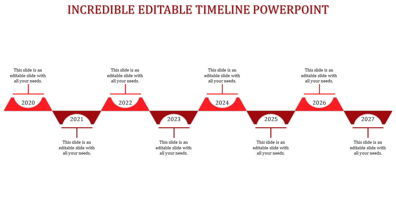 Red timeline with alternating peaks and valleys, each marking a year with a semi circular label and description.