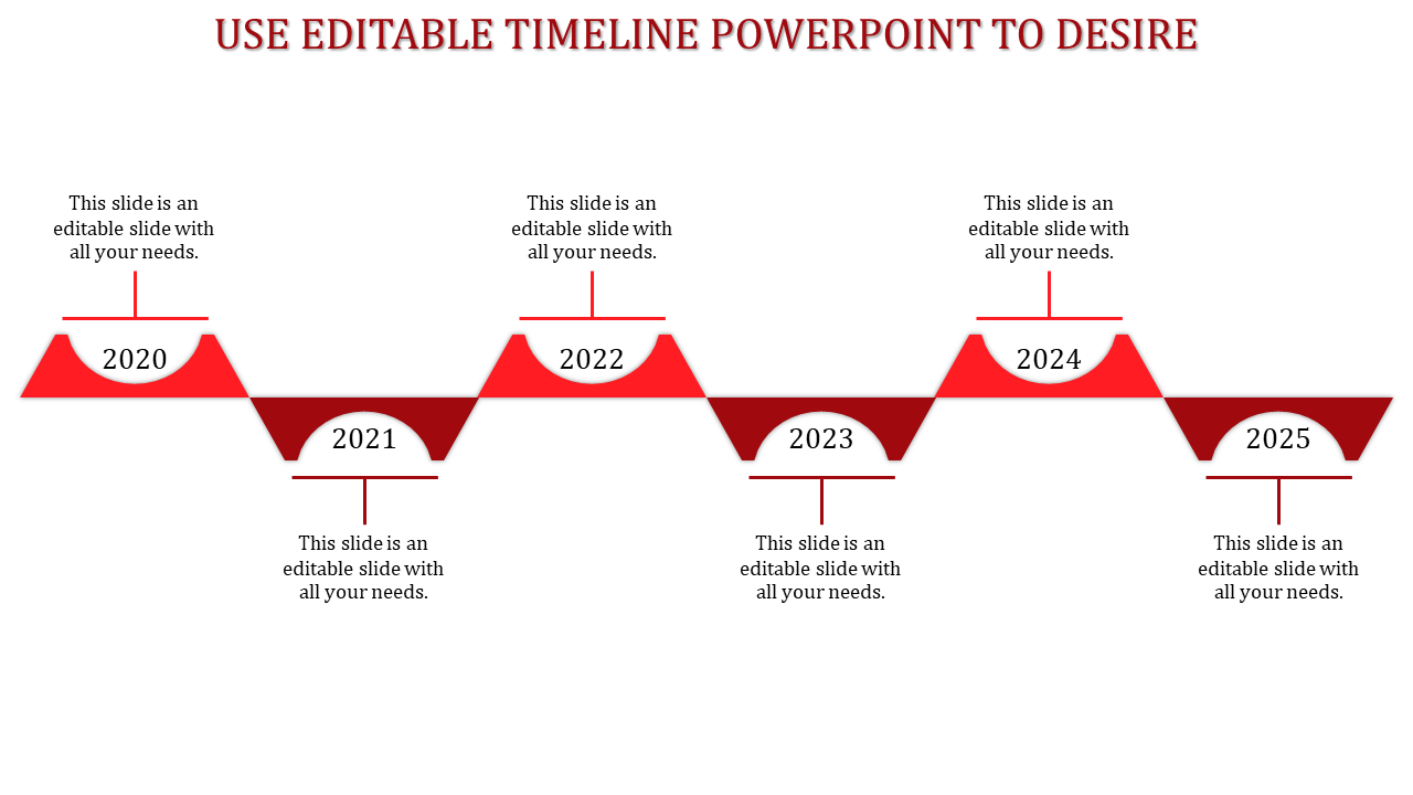 Timeline PPT with red triangular markers for the years 2020 to 2025, connected by a horizontal line with placeholder text.