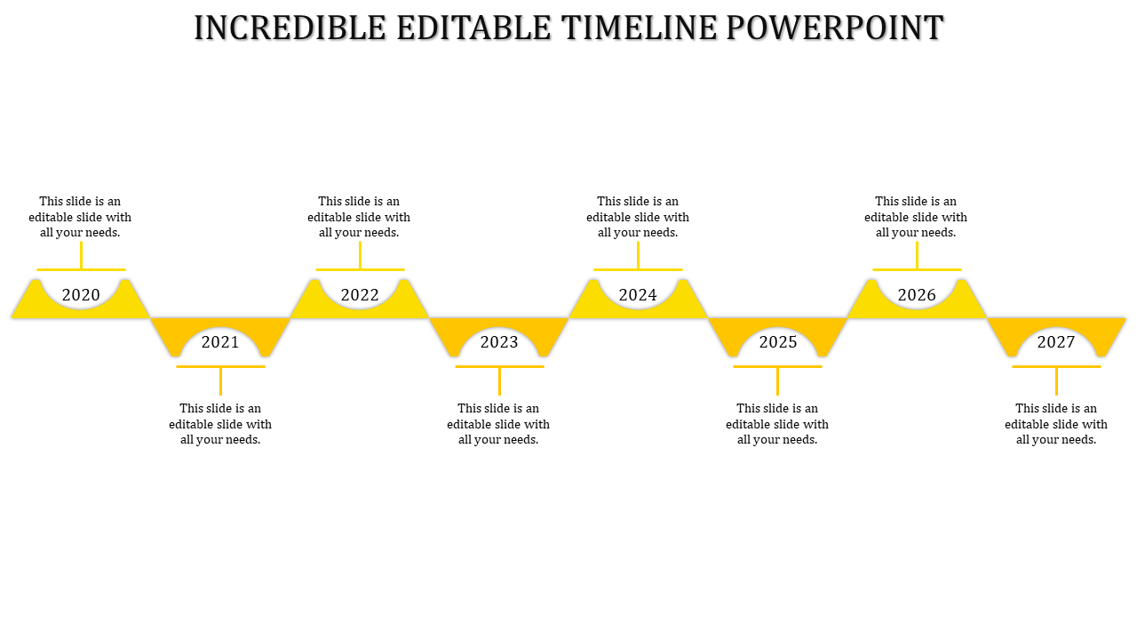 Timeline slide with years 2020 to 2027, featuring yellow triangular markers and a horizontal line with placeholder text.