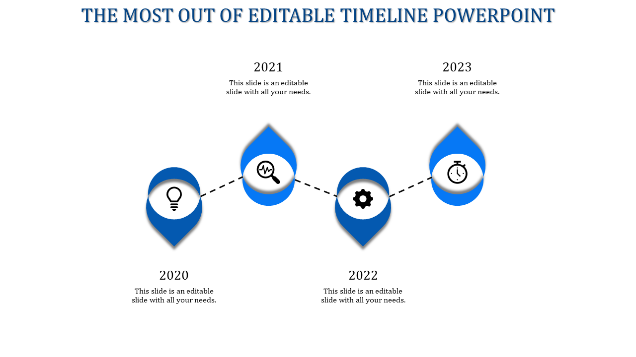 Timeline with four blue gradient markers in a zigzag layout, depicting milestones from 2020 to 2023.
