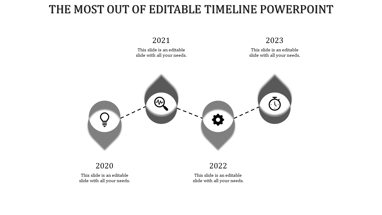 Timeline PPT slide with years 2020 to 2023, featuring grey icons for a lightbulb, magnifying glass, gear, and stopwatch.